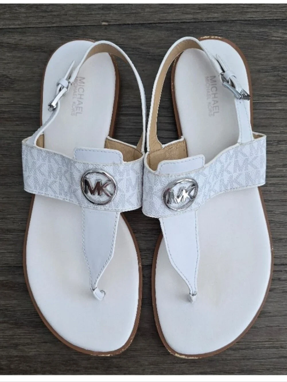 Michael Kors White Leather Thong Sandals with Silver MK Emblem, Size 10